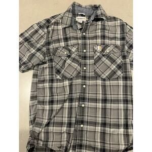 Carhartt Shirt Mens Small Black Plaid Pearl Snap Short Sleeve Logo Pocket Work